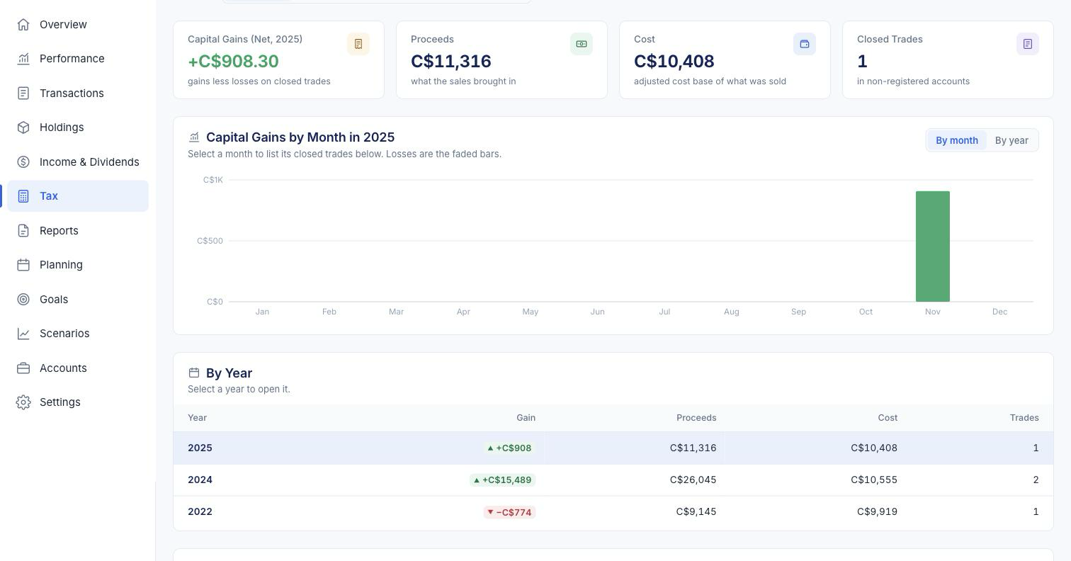 The Tax page of the demo household: net capital gains by taxpayer, adjusted cost base, superficial-loss flags and the T1135 monitor.